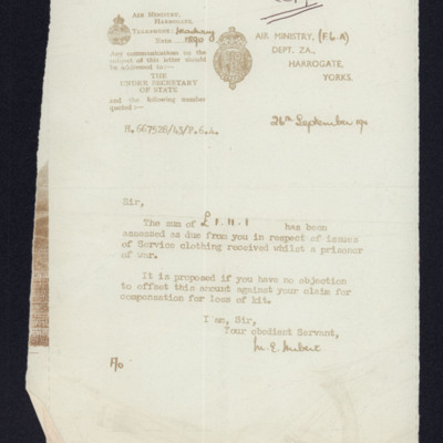 Settlement of Clothing and Kit Costs Letter